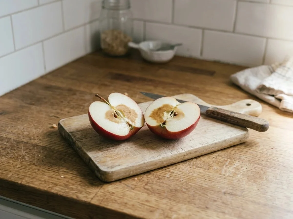 Apples brown inside: a red apple cut in half with firm brown flesh around the core.
