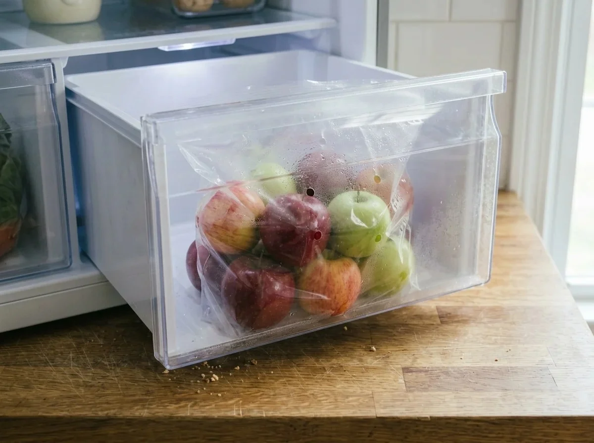 How to store apples in the fridge: red and green apples in a plastic bag with small holes in the crisper drawer.