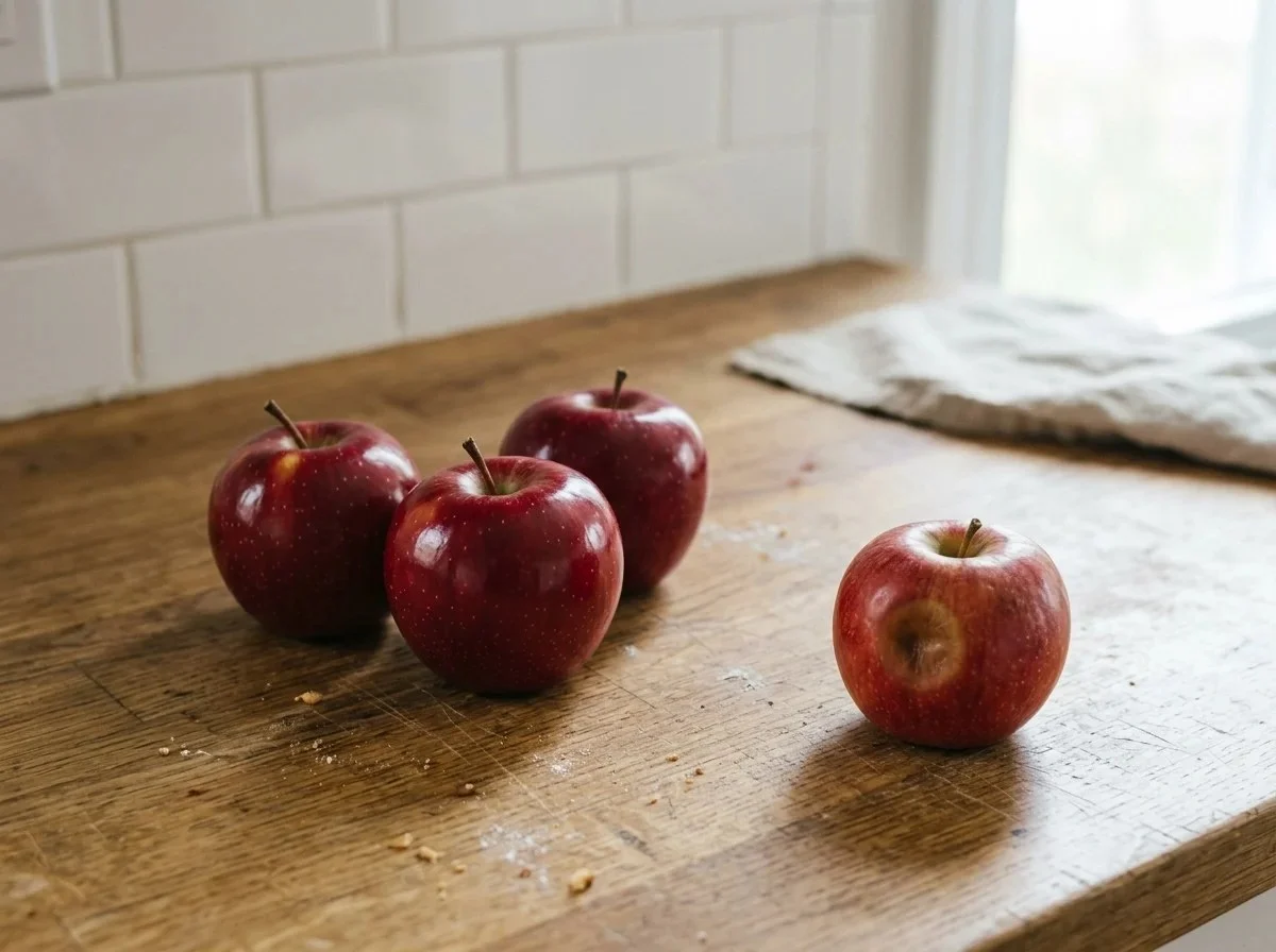 Choosing apples: three firm, shiny red apples and, set apart, one apple with a soft brown bruise on its side.