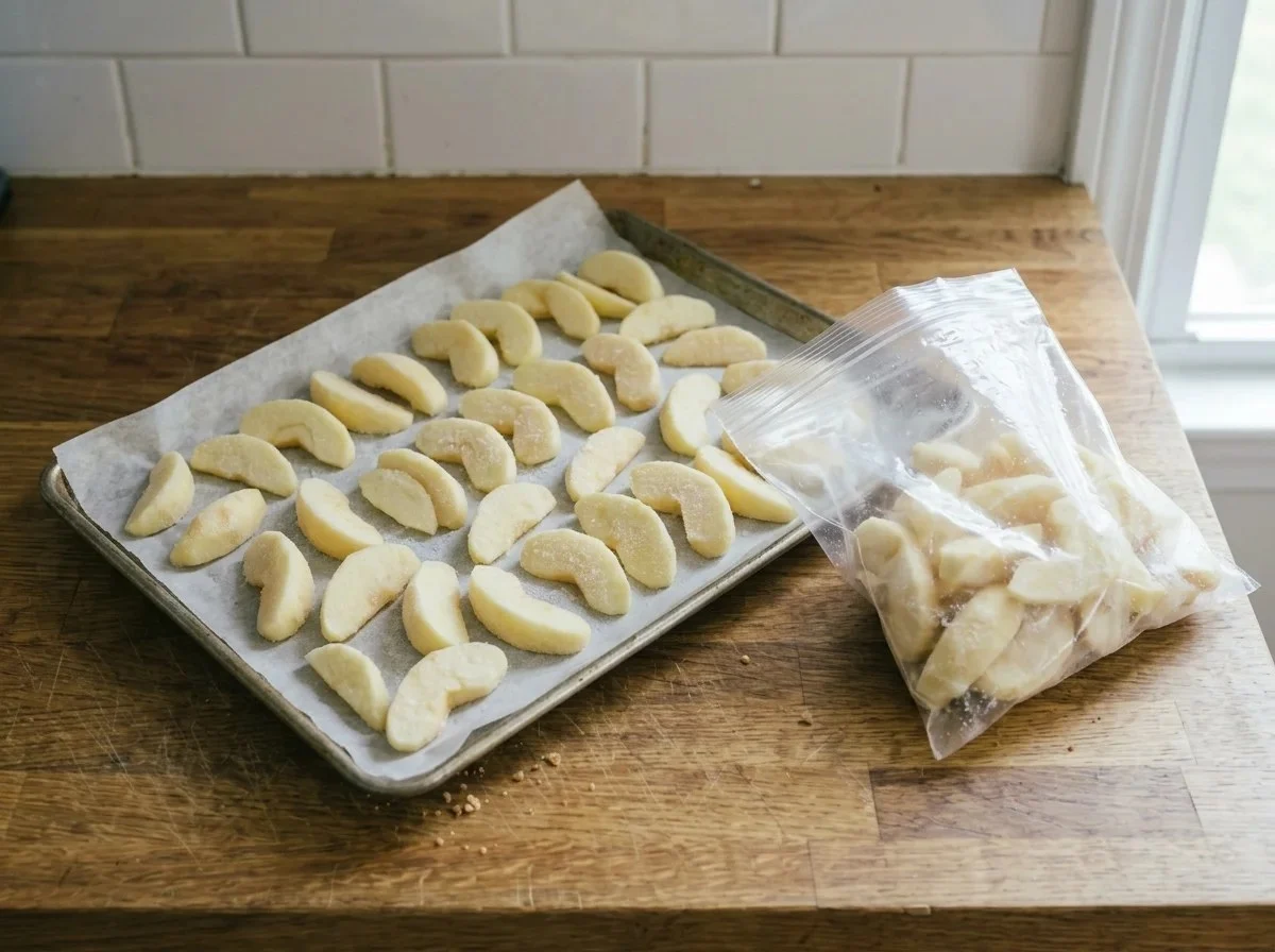 Freezing apples: peeled apple slices frozen on a parchment-lined baking sheet, with more slices in a freezer bag.