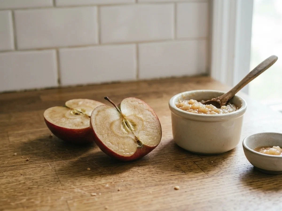 Apples that froze: a cut apple with watery brown flesh beside a pot of applesauce.