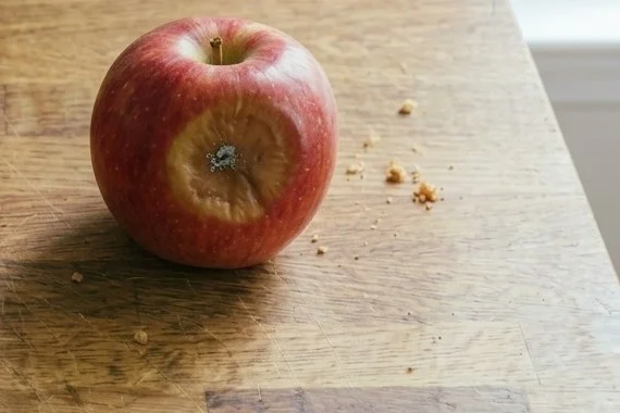A red apple with a soft, sunken brown rot spot and a small patch of mold at its center.