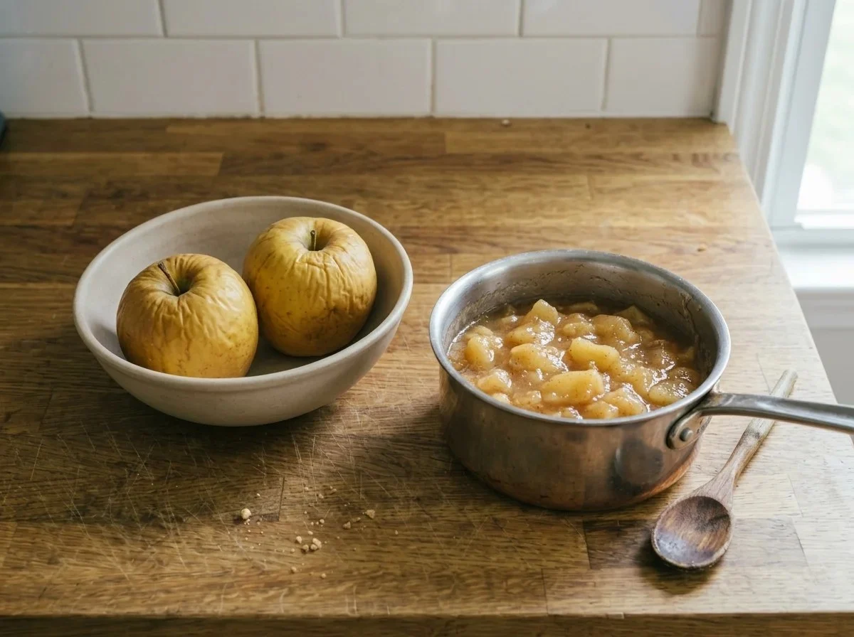 Old apples with wrinkled skin in a bowl next to a pan of chunky homemade applesauce.