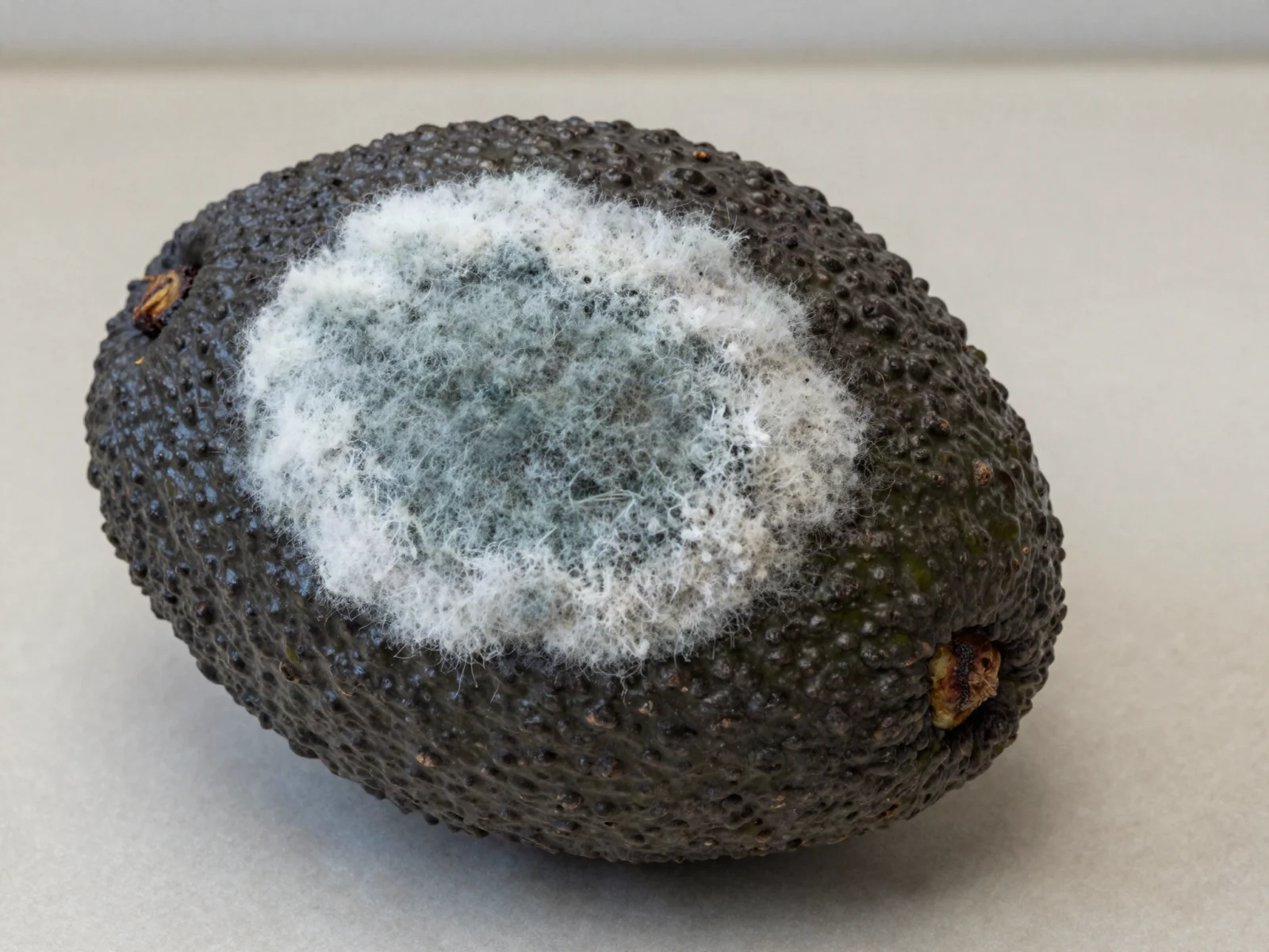 Mold on avocados: a whole avocado with white and gray fuzzy mold spreading across the skin