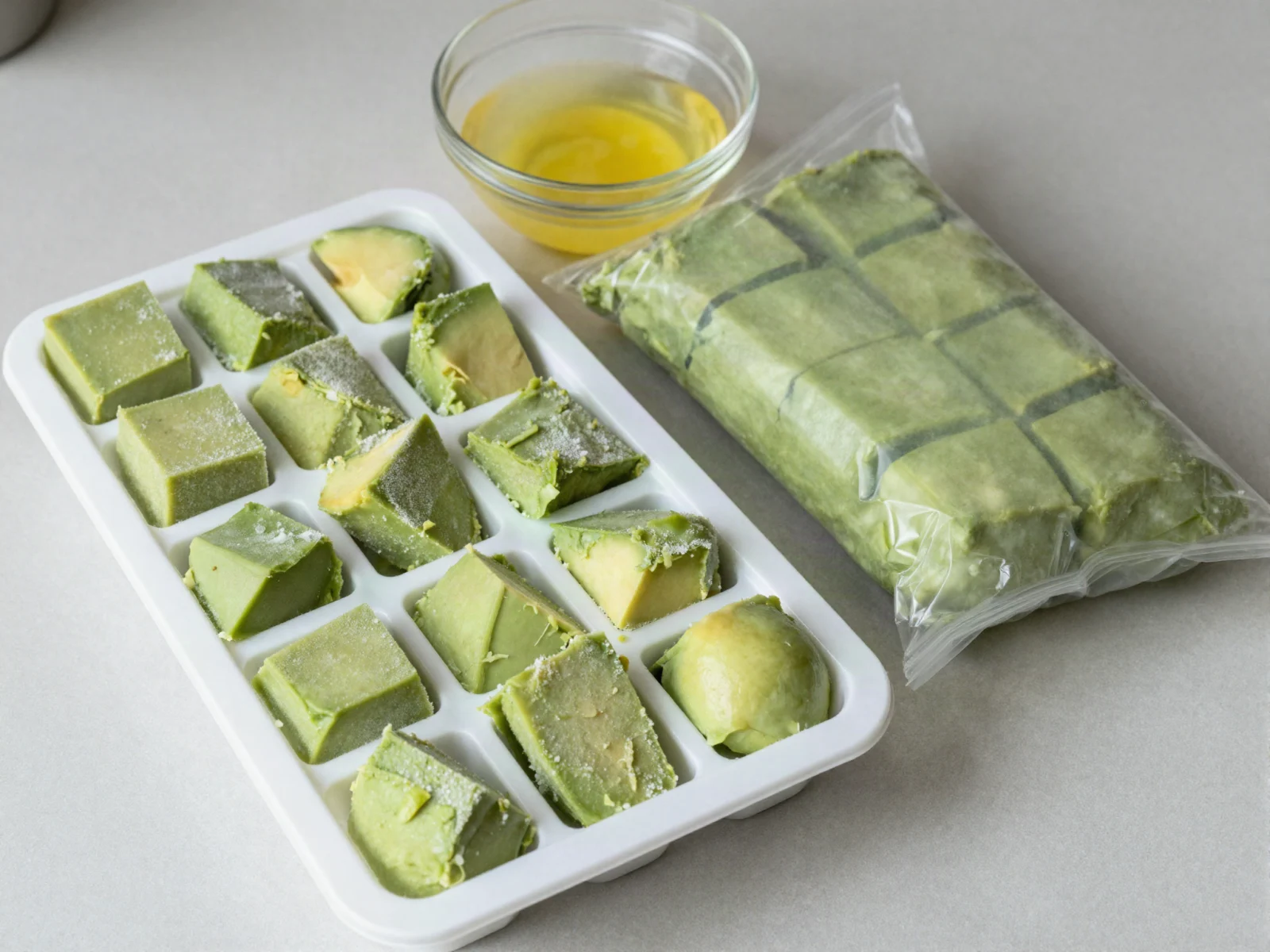 Freezing avocados: frozen green avocado purée cubes in an ice cube tray beside a freezer bag of cubes and a bowl of lemon juice