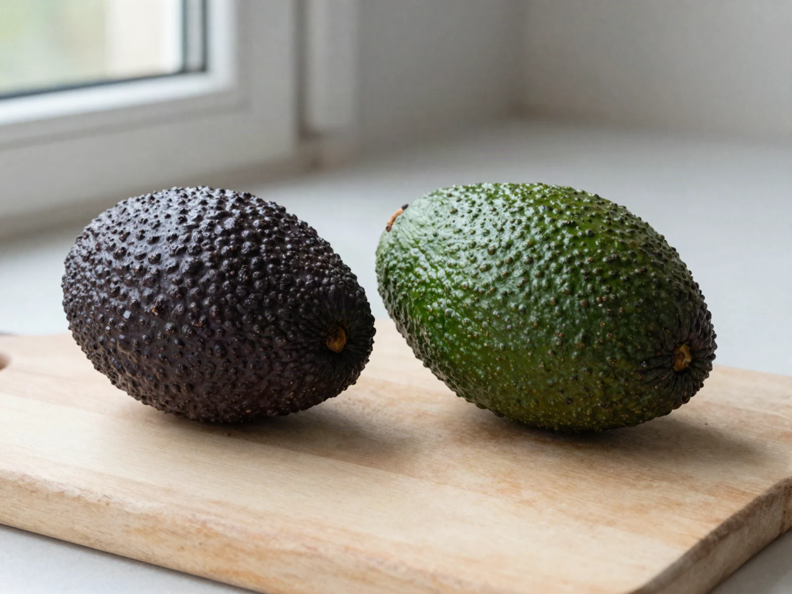 Choosing avocados: a ripe avocado with dark purple-black skin beside a firm, bright green unripe avocado on a wooden board