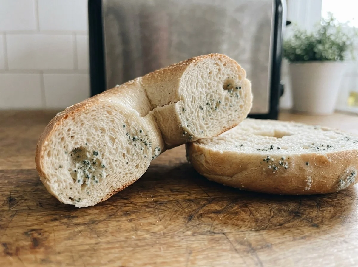 Mold on bagels: a cut bagel with small blue-green mold spots spread through the crumb and on the cut face.