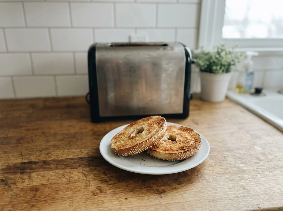 Toasting day-old bagels: two toasted sesame bagel halves on a white plate in front of a toaster.