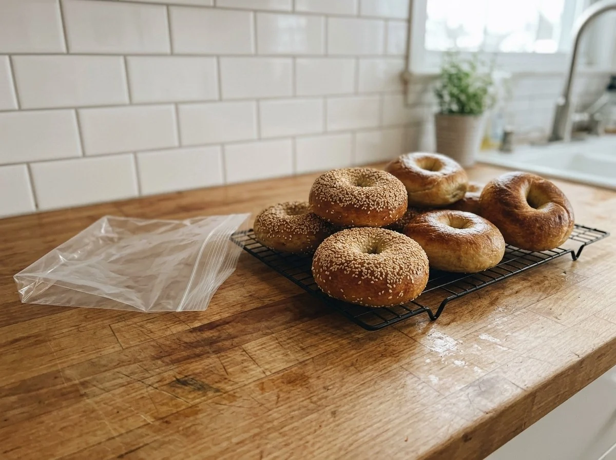 Freshly baked plain and sesame bagels cooling on a wire rack beside an empty plastic bag.