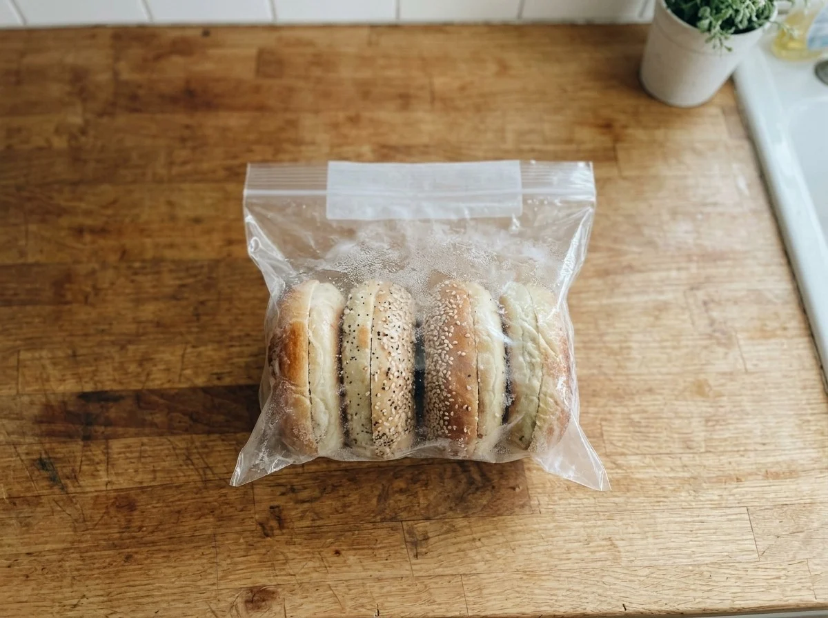 Bagels sliced in half and packed upright in a frosted zip-top freezer bag.