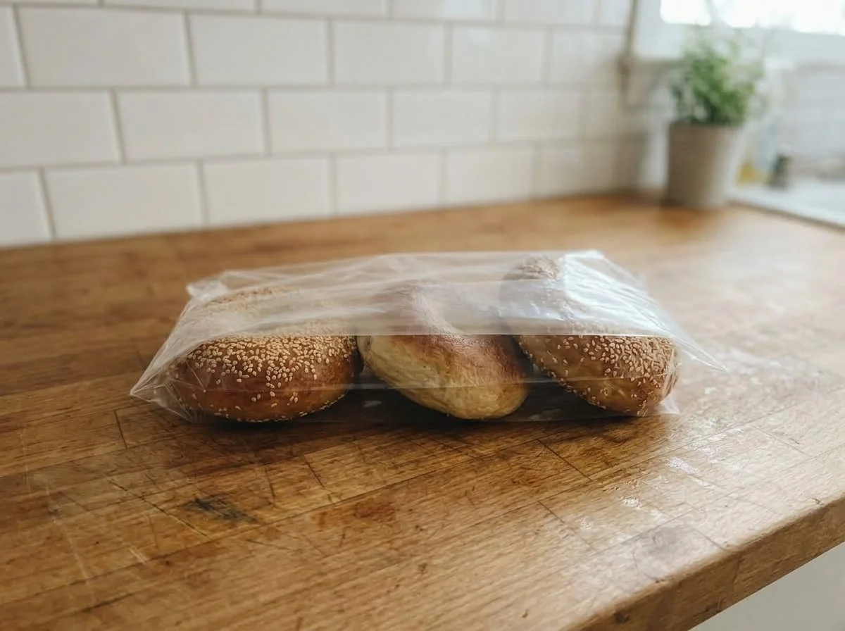 How to store bagels at room temperature: three bagels sealed in a plain plastic bag on the counter.