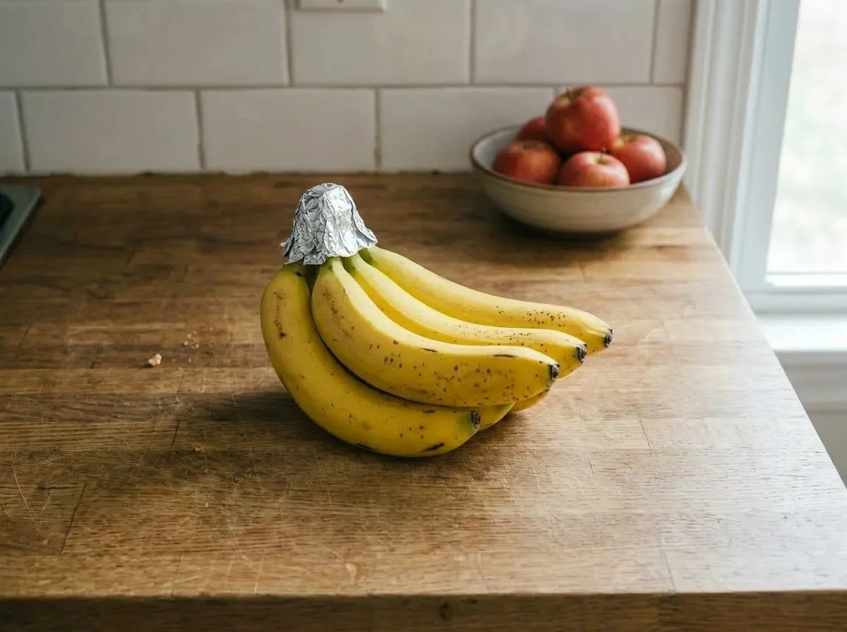 How to store bananas on the counter: a ripe bunch with its stems wrapped in foil, kept away from a bowl of apples.