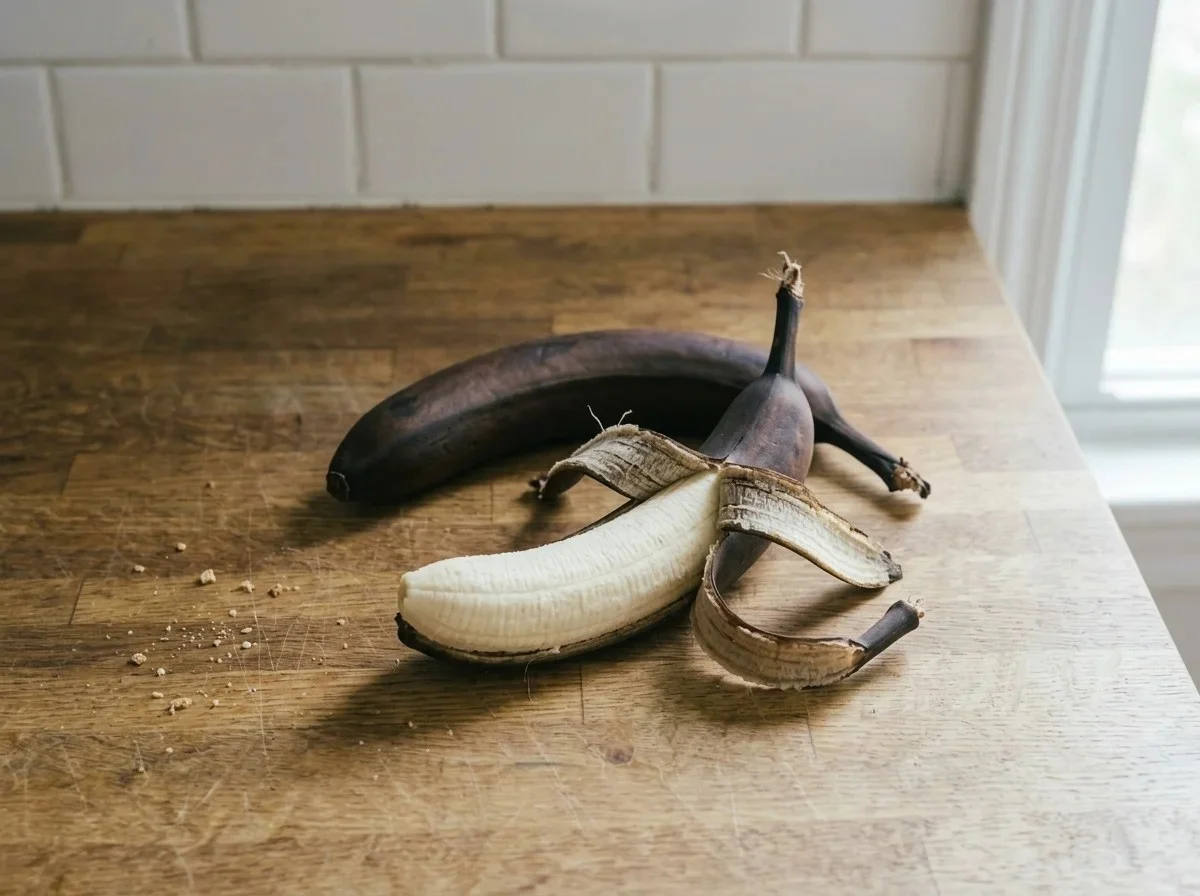 Bananas from the fridge with black peels, one peeled open to show firm, pale fruit inside.