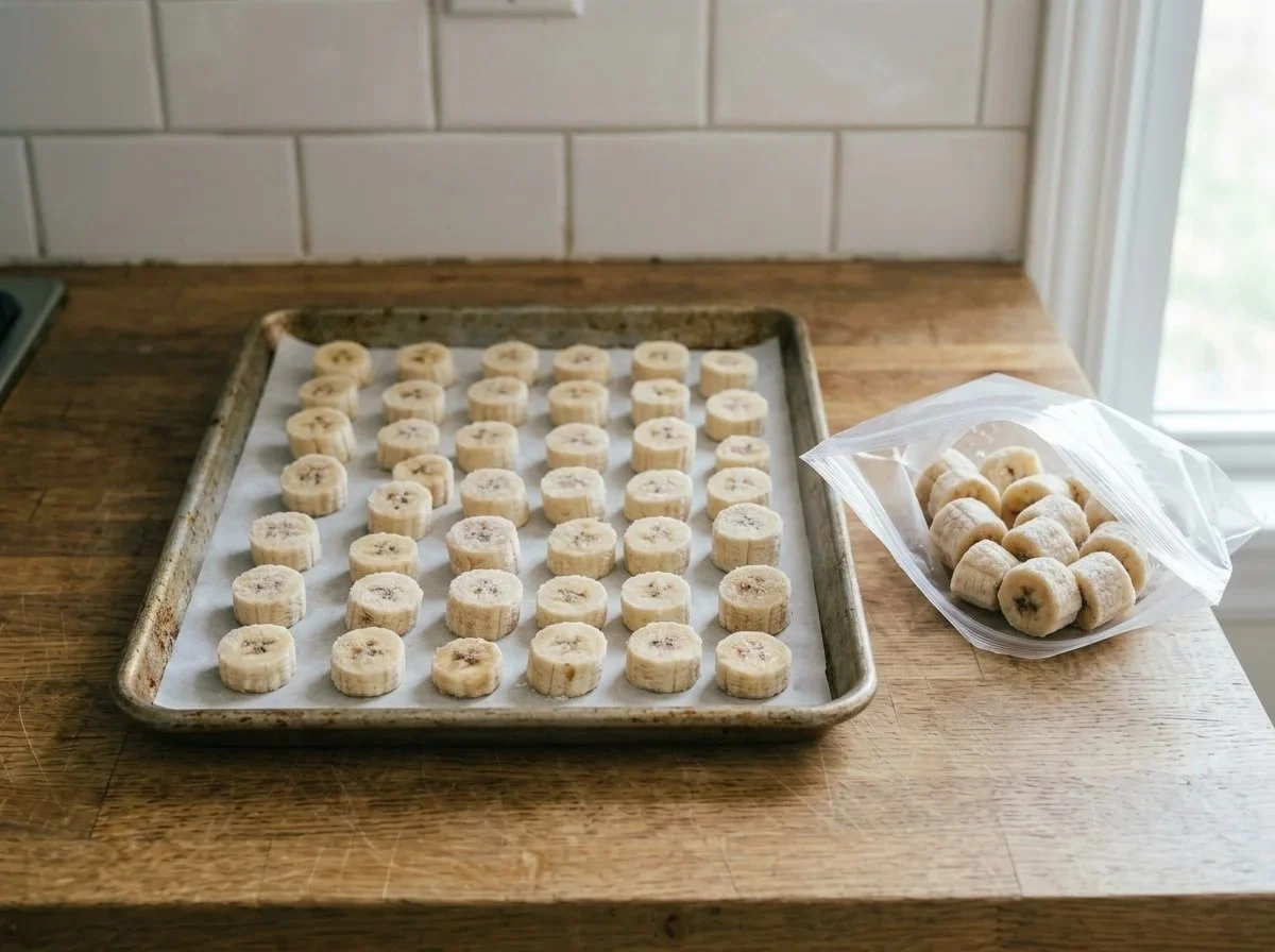 Freezing bananas: thick banana slices frozen on a parchment-lined baking sheet, with more slices in a freezer bag.