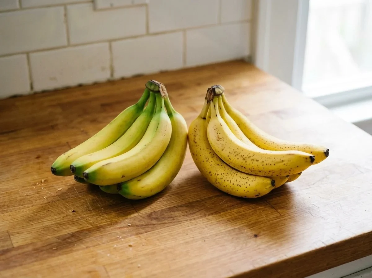 Choosing bananas: a yellow-green bunch next to a ripe yellow bunch with brown freckles on a kitchen counter.