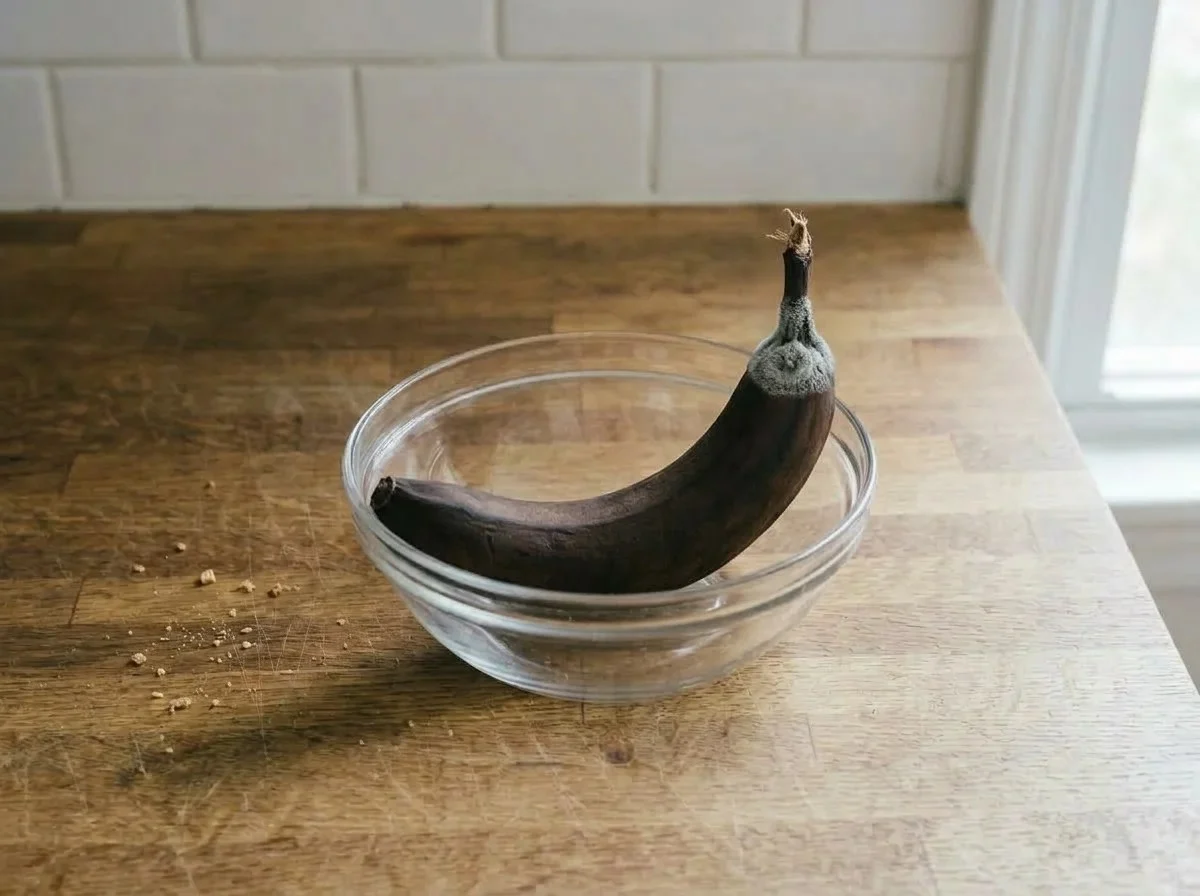 Mold on bananas: an overripe brown banana in a glass bowl with a patch of gray-white mold at the stem end.