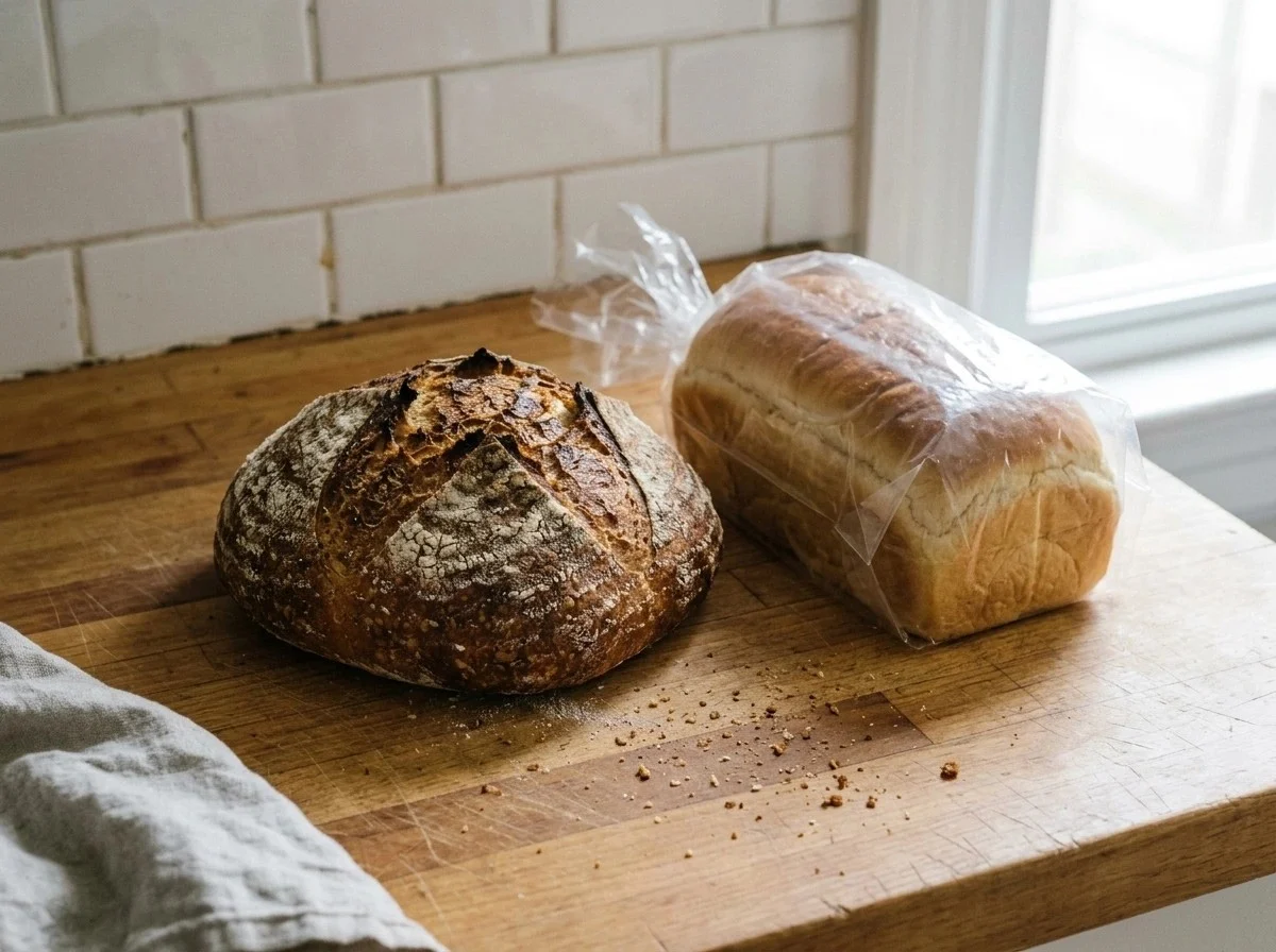 Crusty bread vs soft bread: a crusty sourdough loaf next to a soft sandwich loaf in a plastic bag on a kitchen counter.