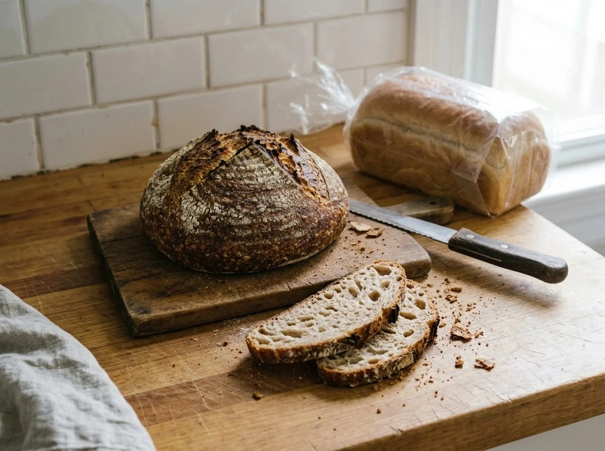 How to store bread at room temperature: a crusty sourdough loaf left unwrapped on a board, with two slices cut from it.
