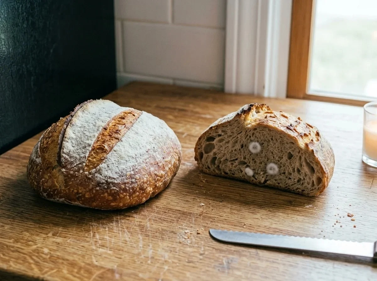 White spots on bread: flour dusted on a crust beside small raised spots of white mold on the cut face of a loaf.