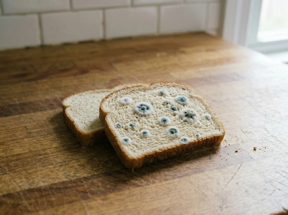 A slice of sandwich bread with small blue-green mold spots on the crumb.