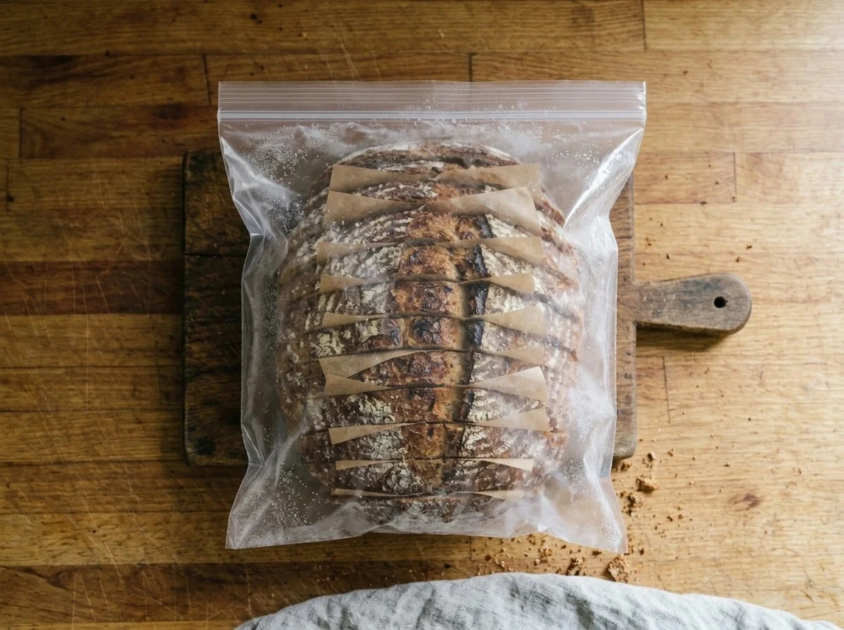 Freezing bread: a sliced sourdough loaf with parchment between the slices in a frosted zip-top freezer bag.