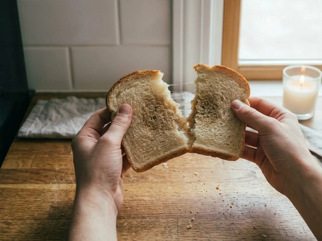 Spoiled bread: a slice pulled apart to show a damp, sticky crumb with thin strands.
