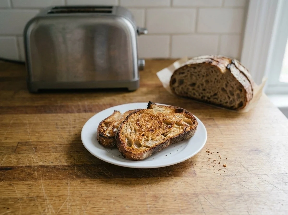 Reviving stale bread: two slices of day-old sourdough toasted golden on a white plate in front of a toaster.