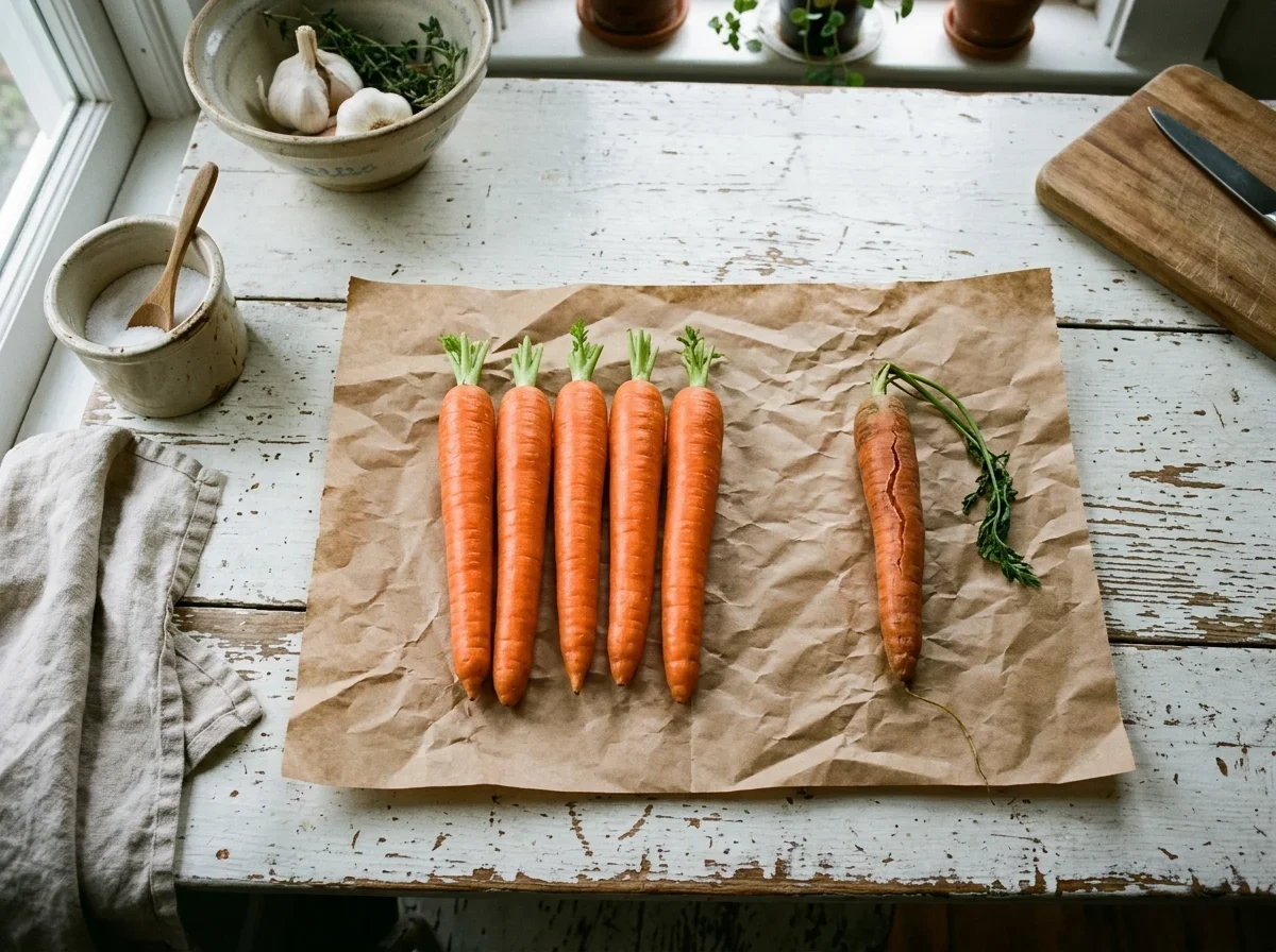 Firm, evenly colored carrots beside one cracked, flabby carrot for comparison.