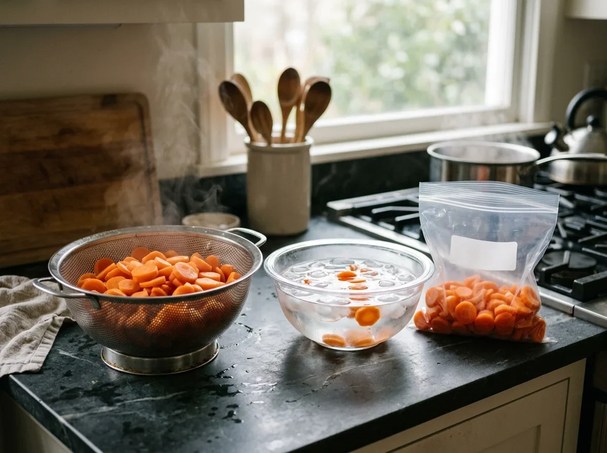 Blanched carrot coins cooling in ice water beside a filled freezer bag.