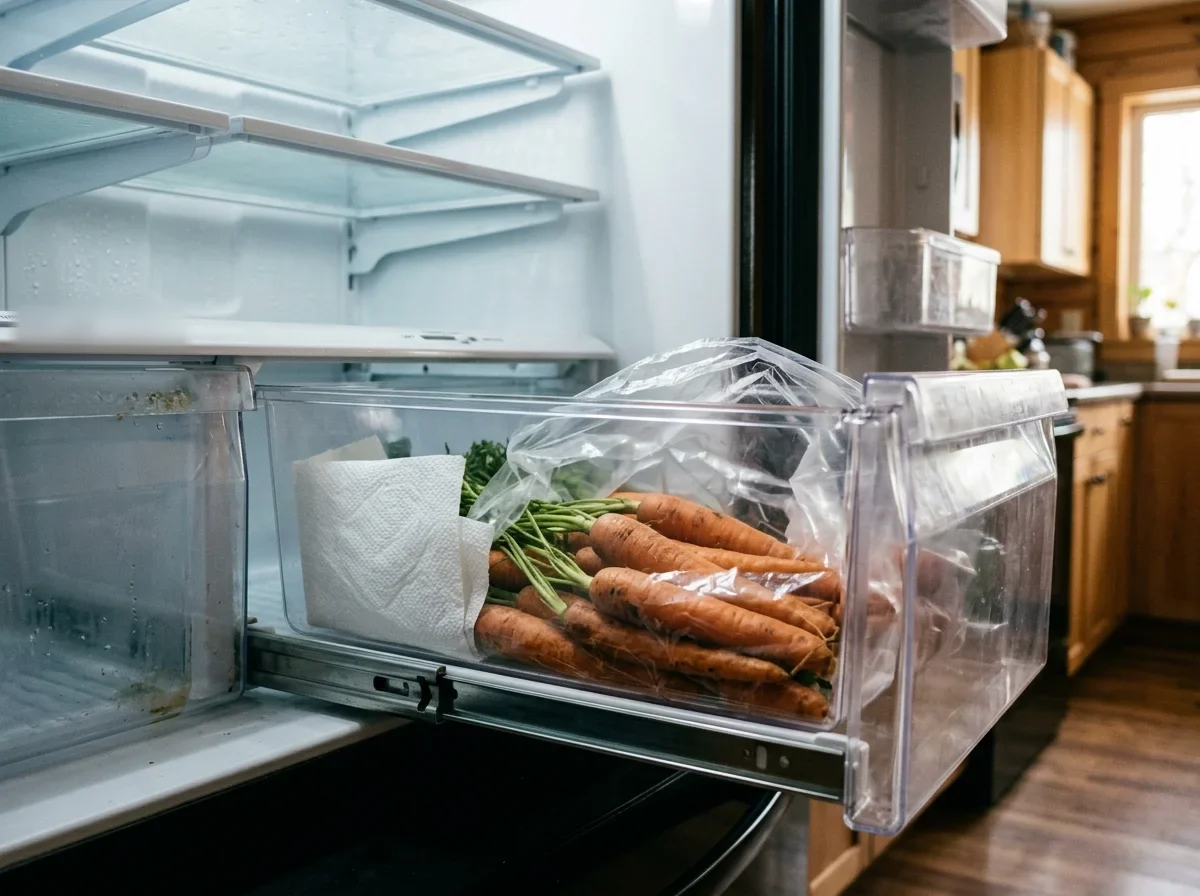 Topped carrots in a clear bag with a paper towel in a fridge crisper drawer, the way to store carrots well.