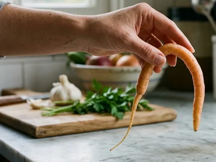 A limp carrot bending in one hand instead of snapping.
