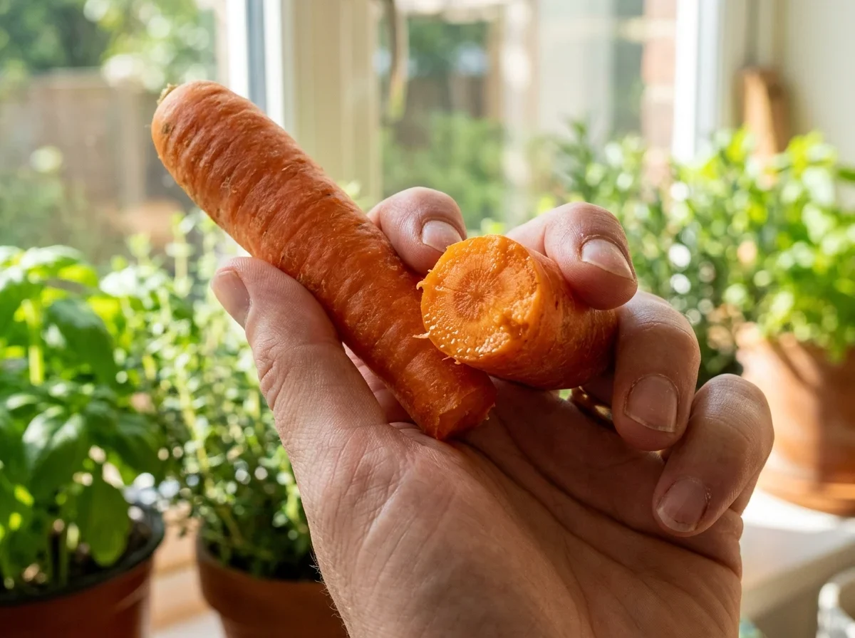 A snapped carrot showing a clean, bright break, held over the counter.
