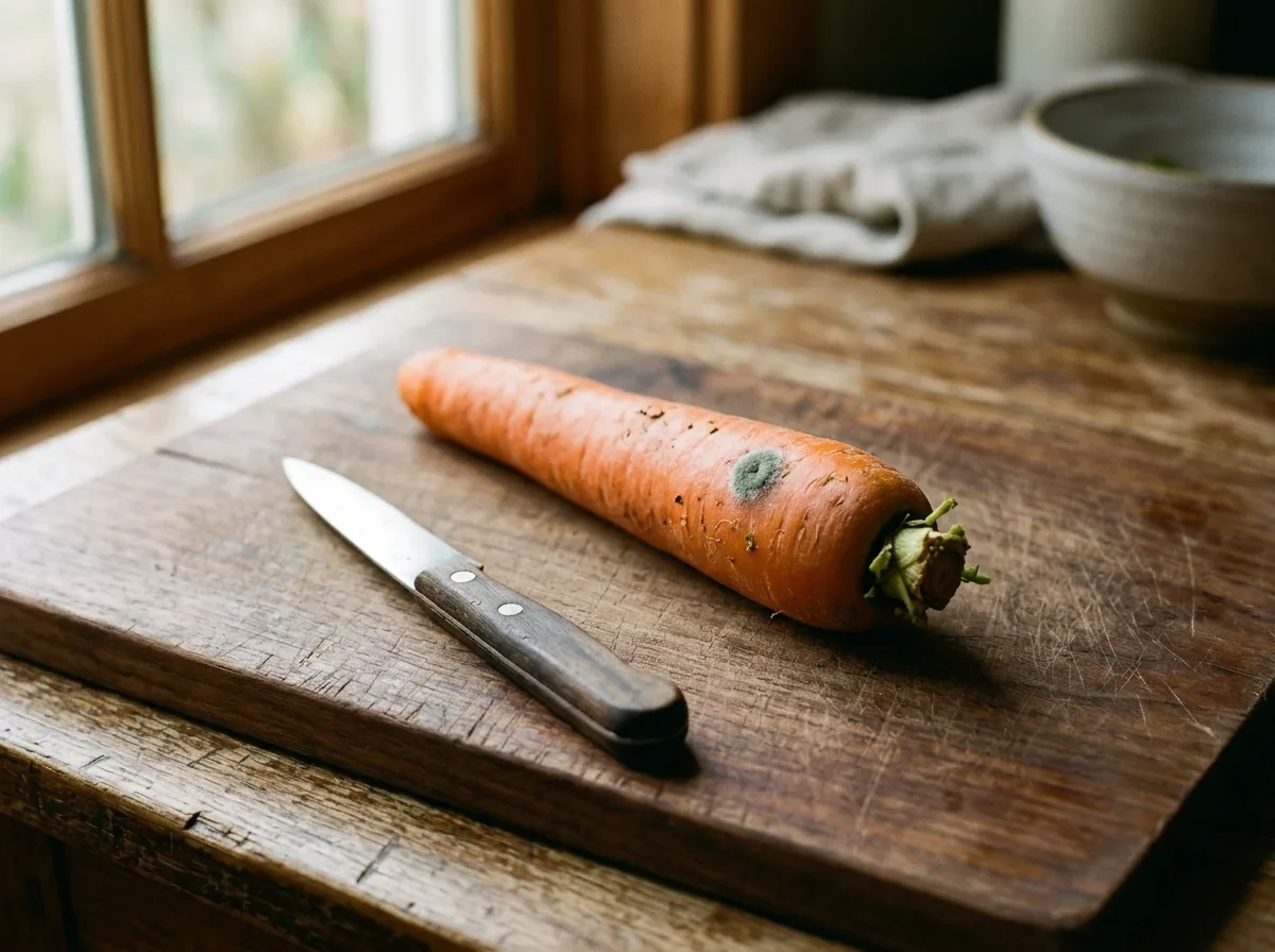 A firm carrot with one small mold patch near the crown, the rest looking normal.