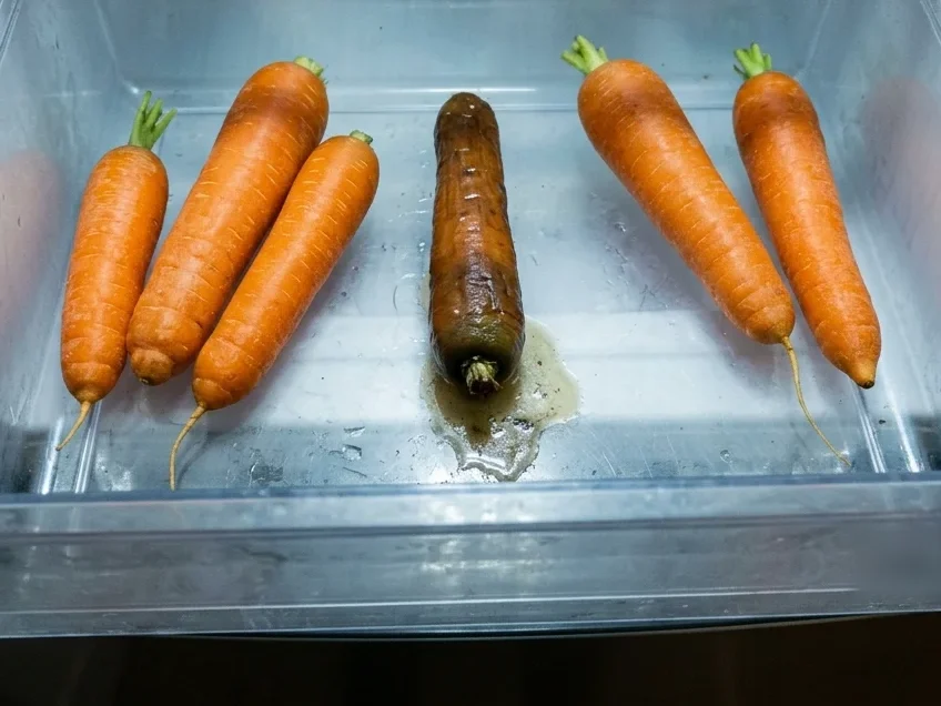 A darkened, collapsed carrot with a wet, slack surface in a fridge drawer.