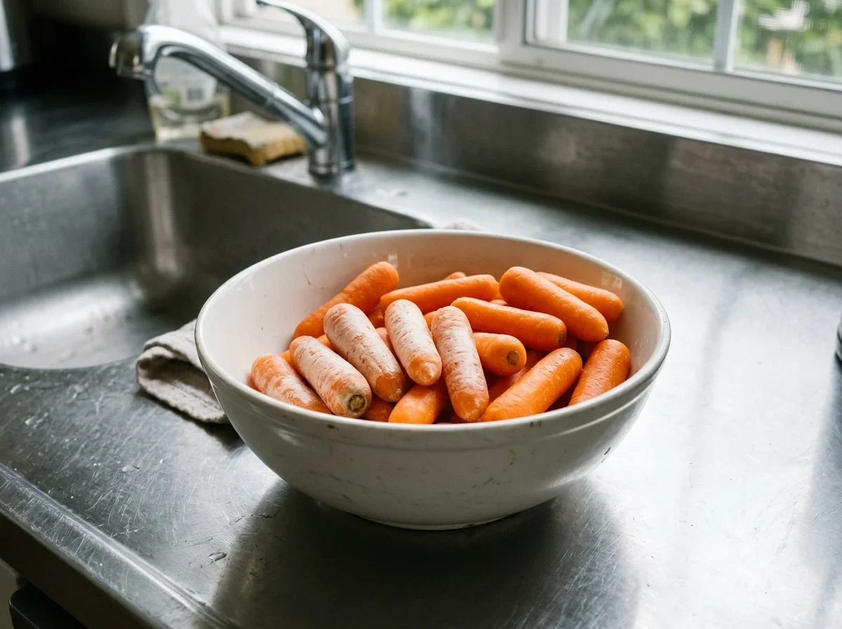 Bagged baby carrots with a pale, dry white blush on their cut surfaces.