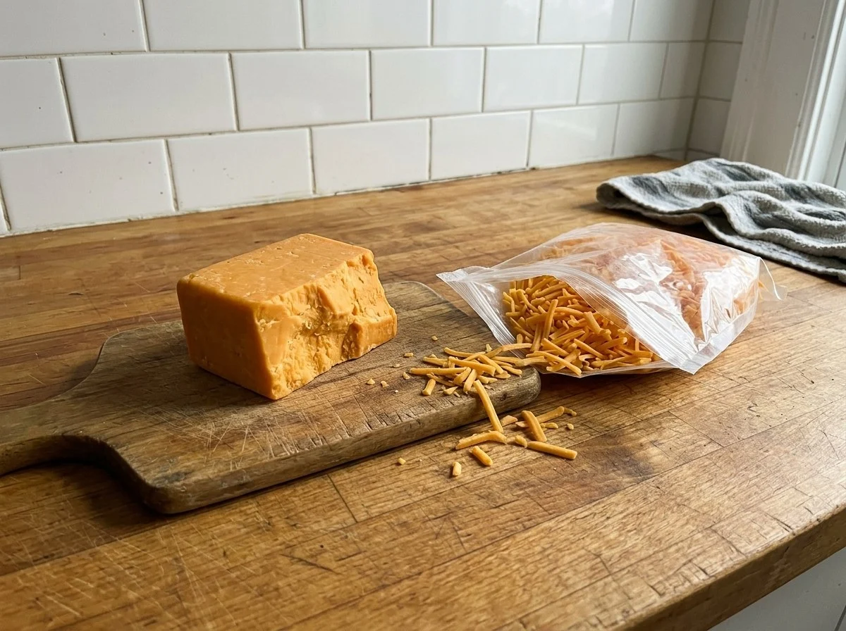 Block cheese vs shredded cheese: a block of cheddar on a wooden board next to an open bag of shredded cheddar, with a few shreds spilled on the counter.