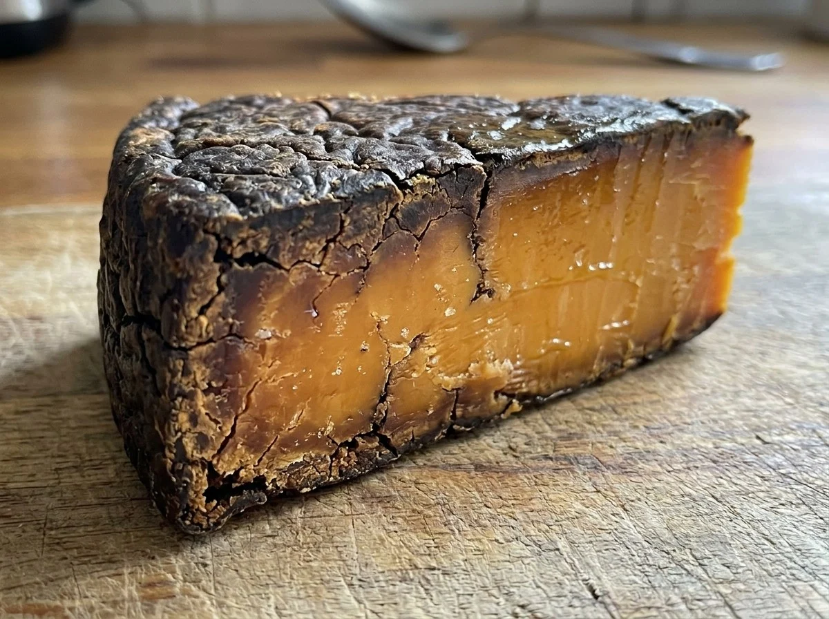 An old wedge of cheddar with a dark, dried, cracked rind and an oily sheen on the cut face.
