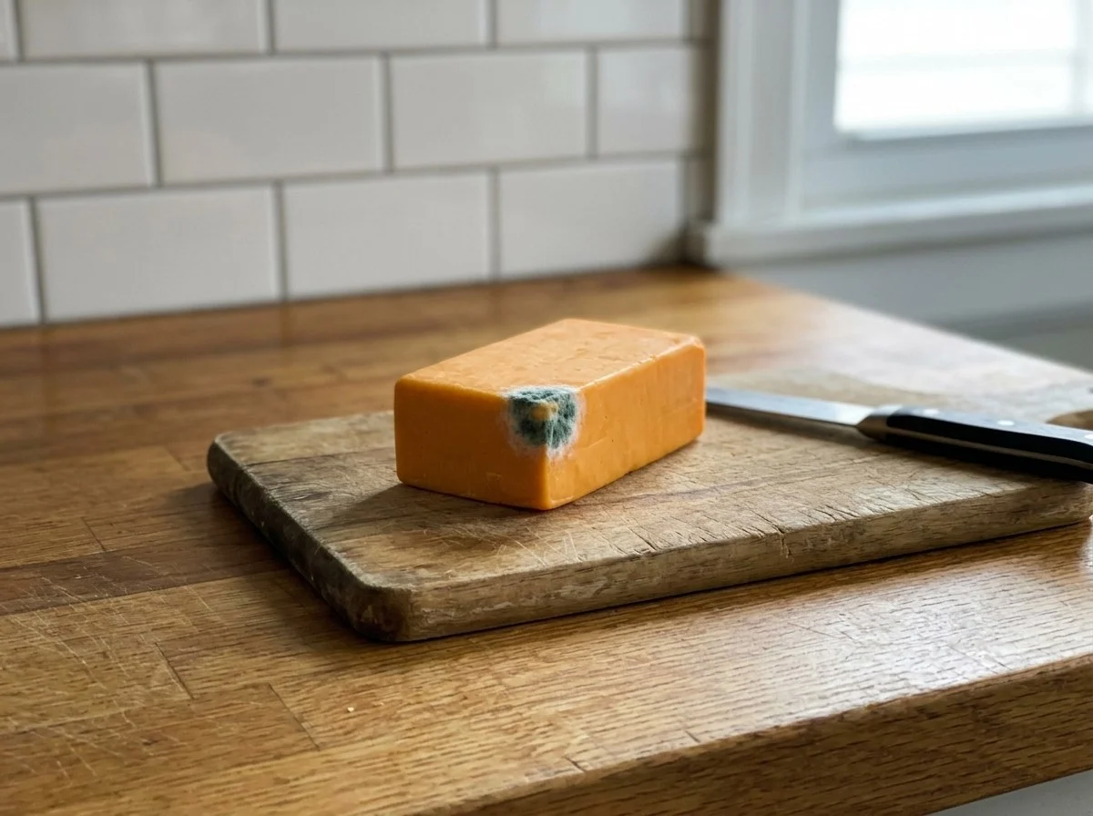 Mold on hard cheese: a block of cheddar with one spot of fuzzy blue-green mold on a corner, on a wooden board beside a knife.
