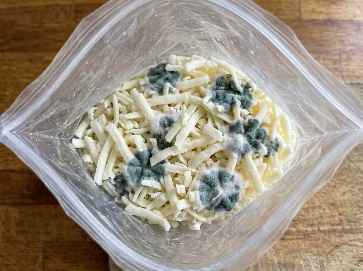 Mold on shredded cheese: an open bag of shredded mozzarella with several patches of fuzzy gray-green and white mold through the shreds.