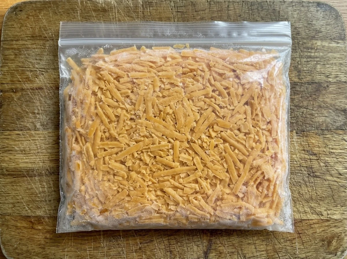 Freezing cheese: a zip-top freezer bag of shredded cheddar pressed flat, lightly frosted, on a wooden board.