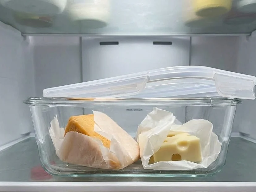 How to store cheese in the fridge: cheddar and Swiss wrapped loosely in parchment paper in a glass container with its lid resting on top.