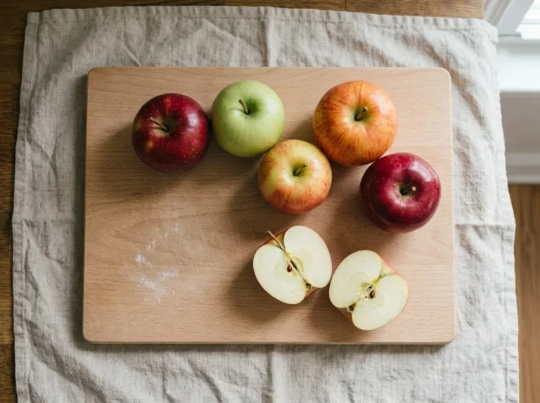 Red, green and blushed apples on a beech cutting board, with one apple cut in half showing crisp white flesh.