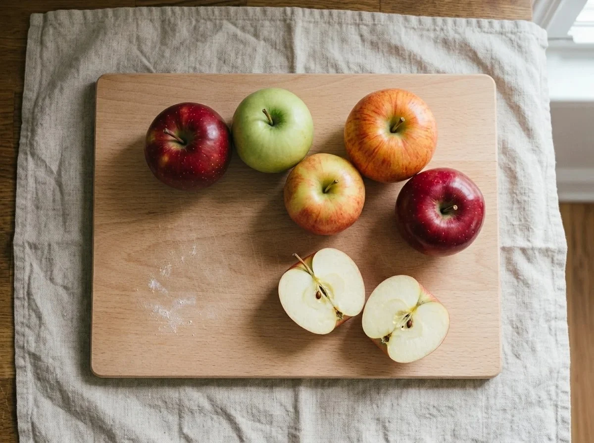 Red, green and blushed apples on a beech cutting board, with one apple cut in half showing crisp white flesh.
