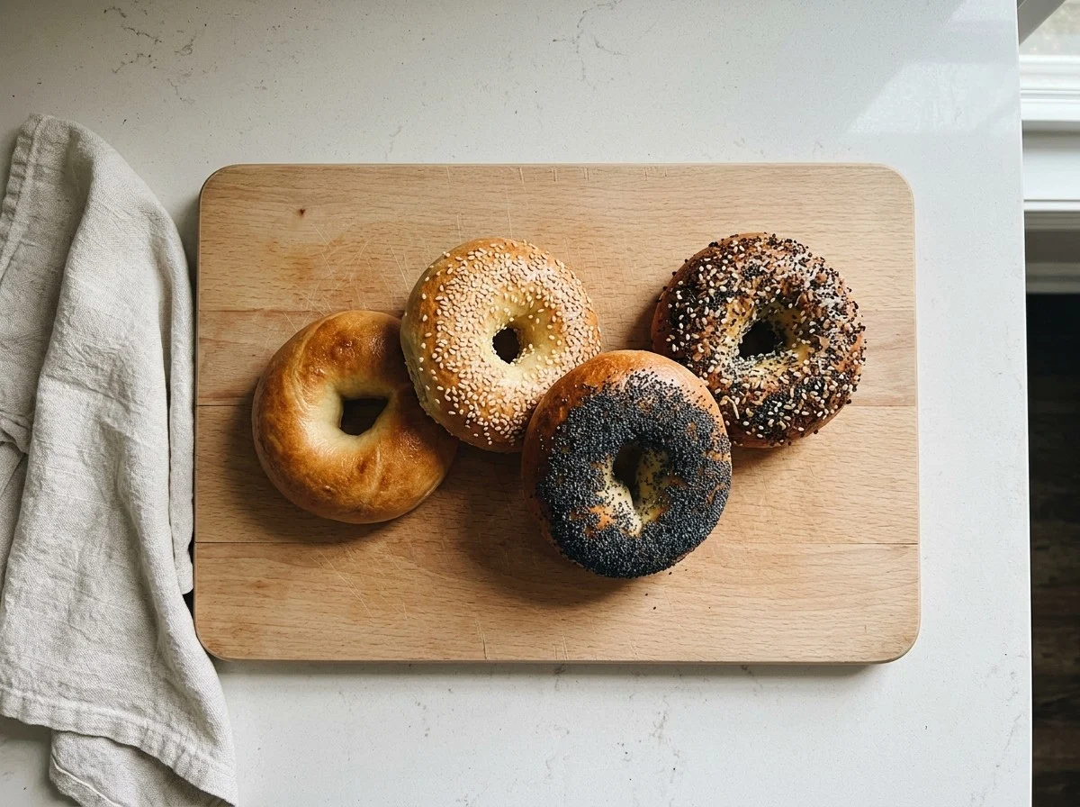 Four fresh bagels, plain, sesame, poppy seed and everything, on a wooden cutting board.