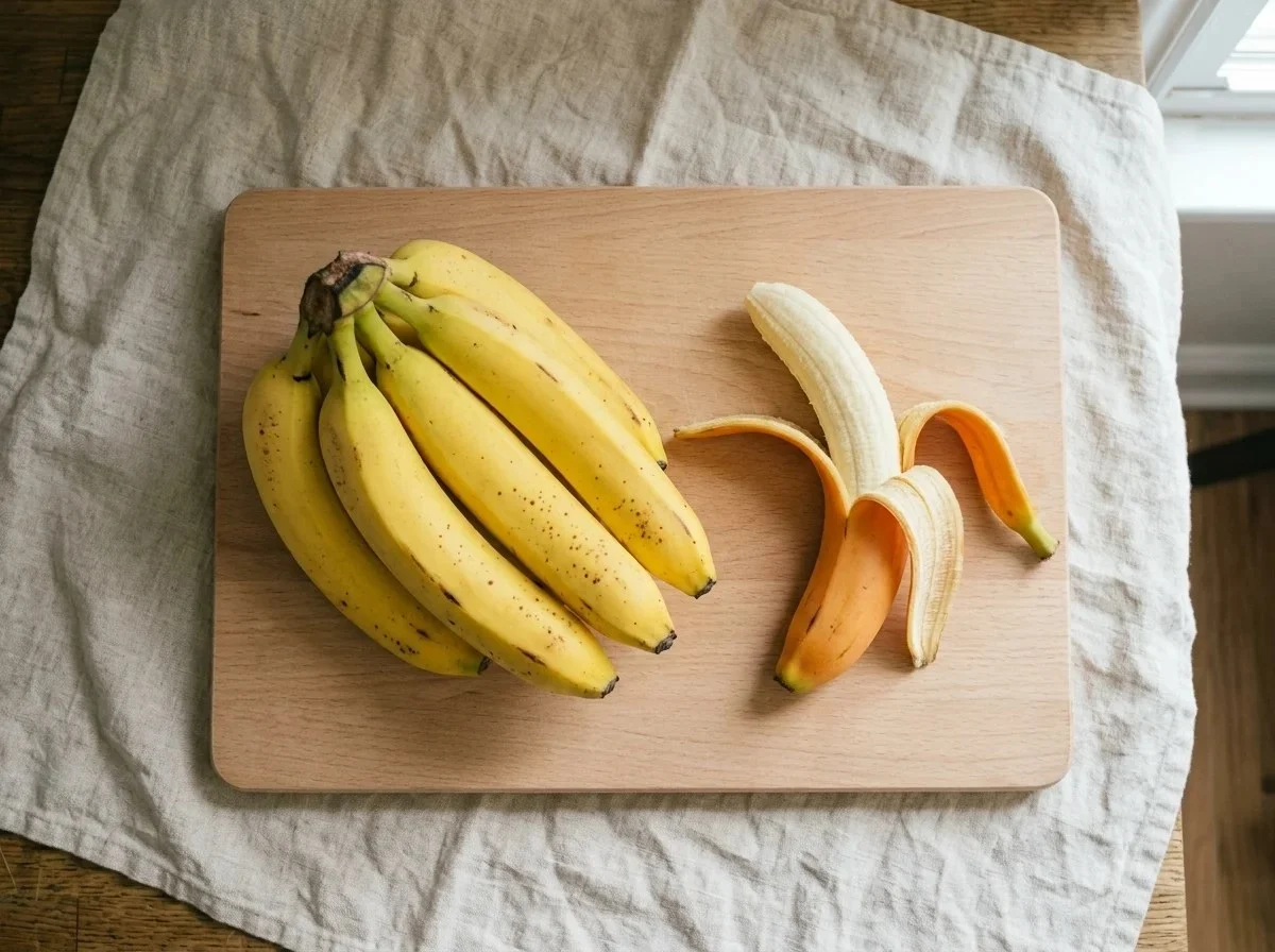 A bunch of ripe yellow bananas with small brown freckles and one half-peeled banana on a beech cutting board.