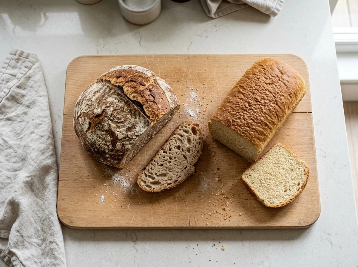 Two kinds of bread: a crusty sourdough loaf and a soft sandwich loaf, each with a slice cut, on a wooden cutting board.