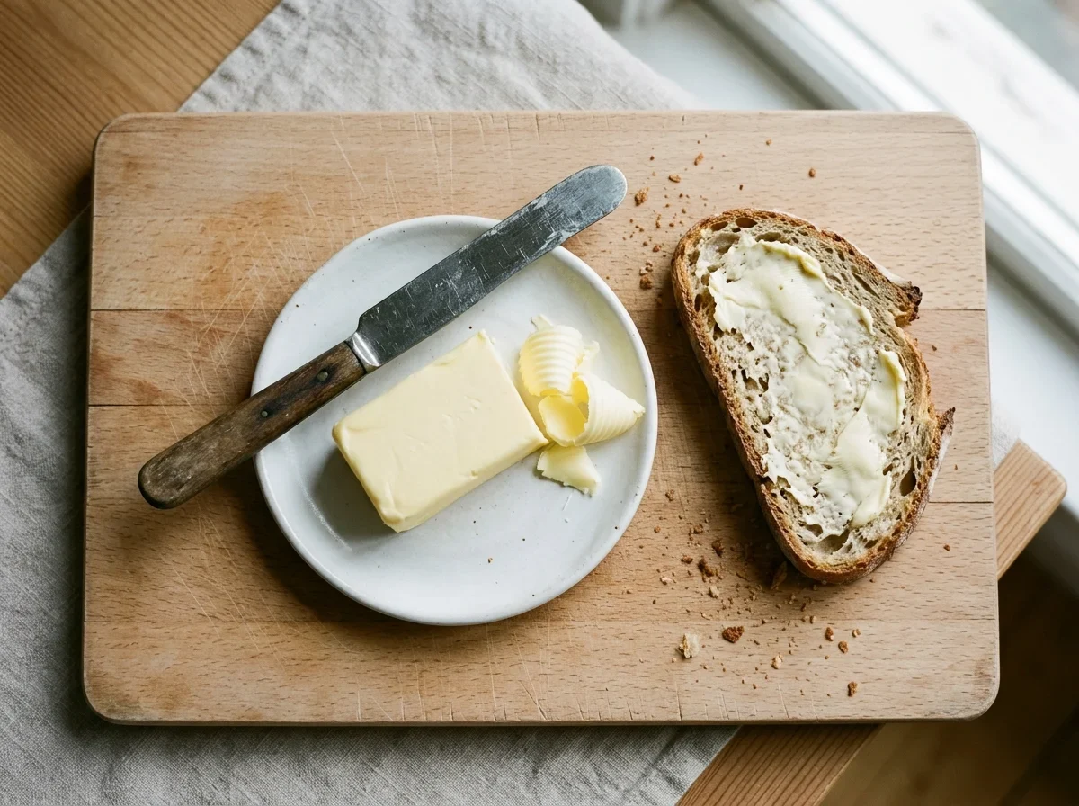 How to store butter - a block of butter with a few curls on a small white plate, beside a slice of buttered bread on a beech board.