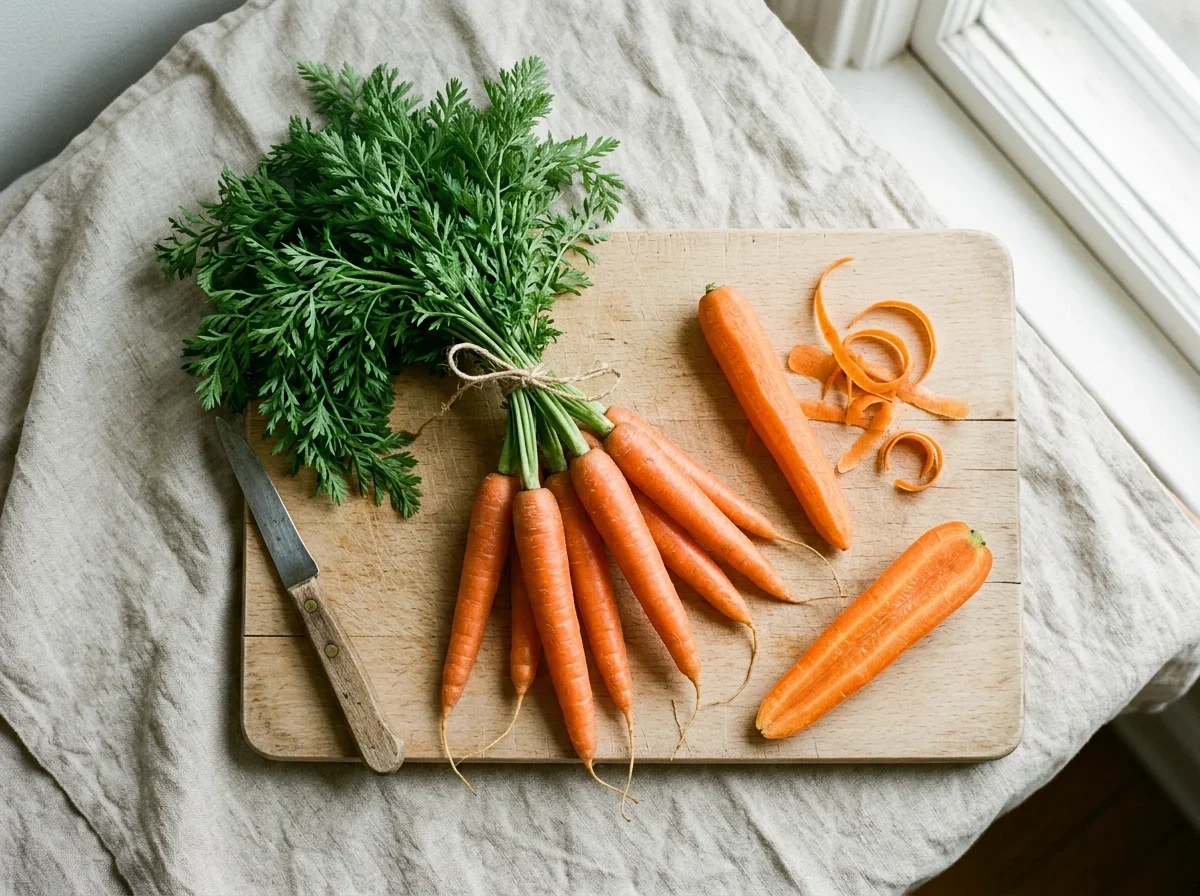 How to store carrots A bunch of carrots with their green tops, one peeled and one halved, on a beech board.