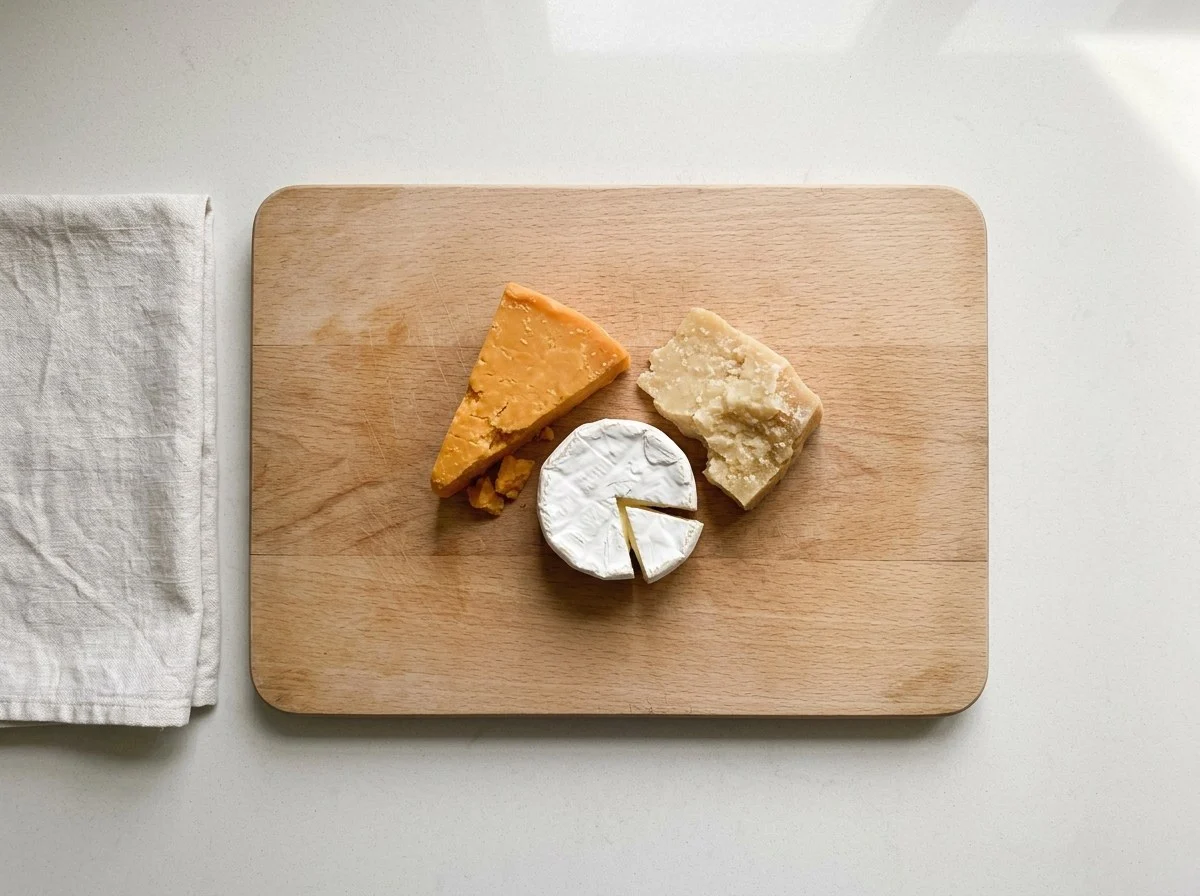 Three kinds of cheese: a wedge of cheddar, a small round of brie with one slice cut, and a piece of Parmesan on a wooden cutting board.