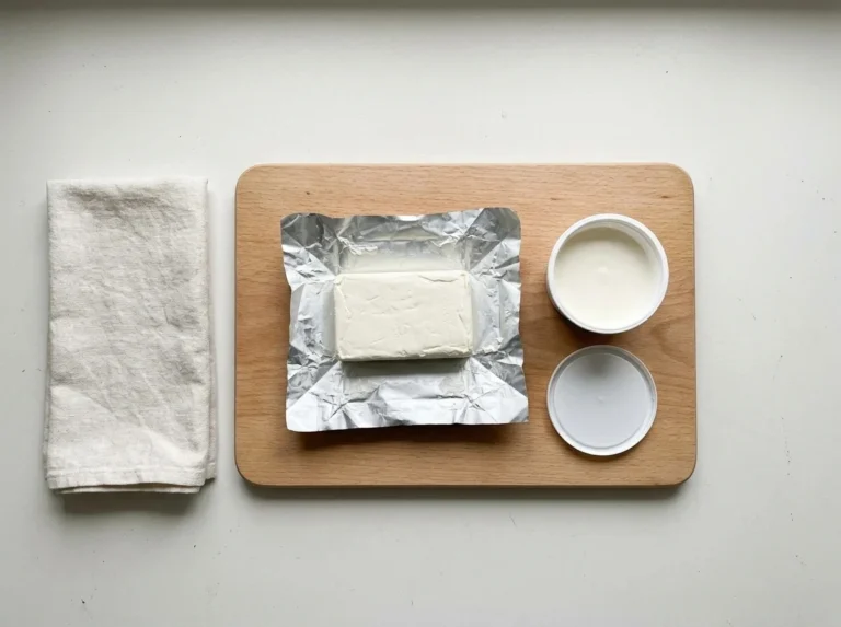 A block of cream cheese on its opened foil and an open tub of cream cheese with its lid beside it on a wooden cutting board.